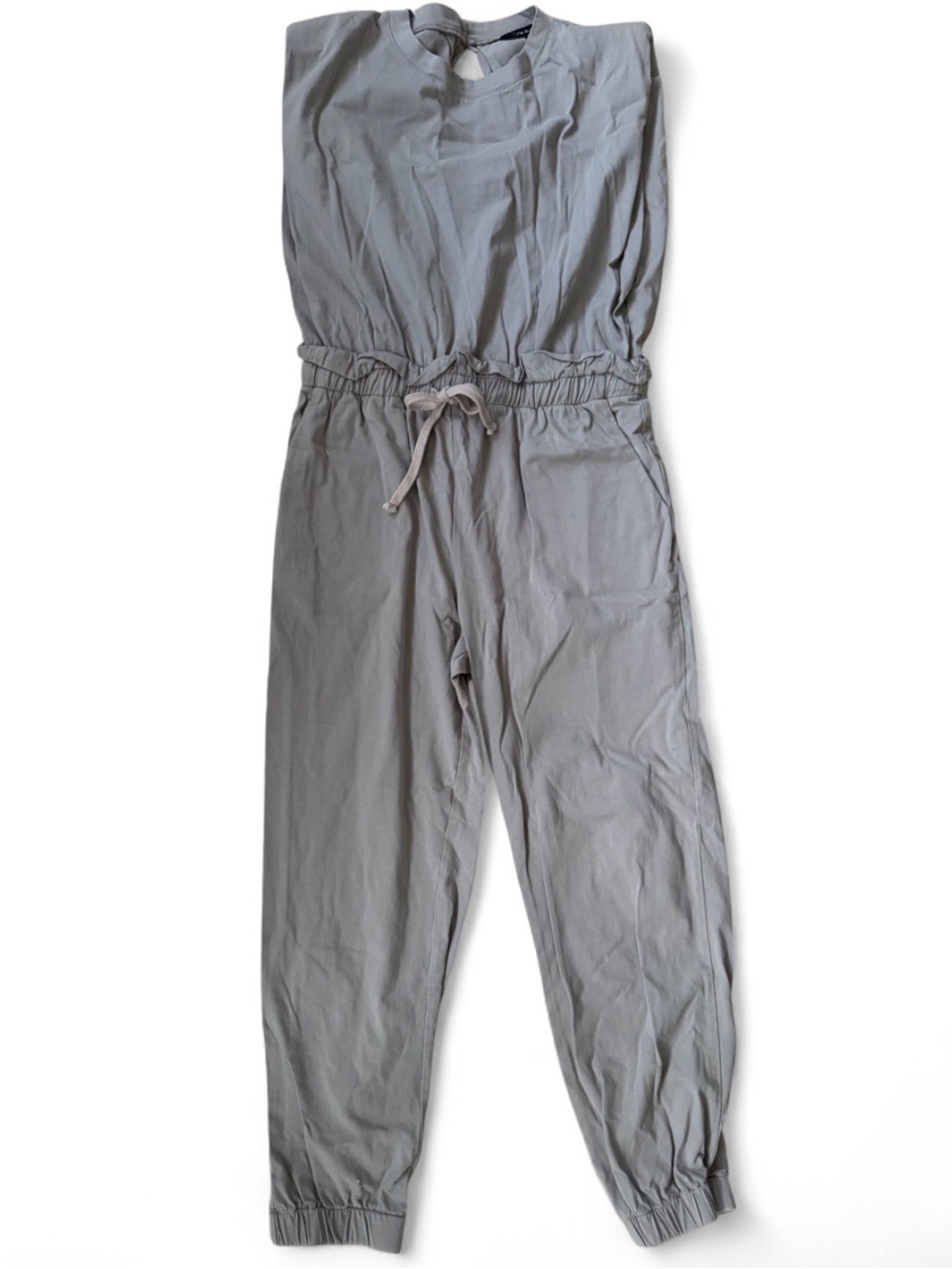 Casual Women's Gray Jumpsuit with Drawstring Waist and Padded Shoulders